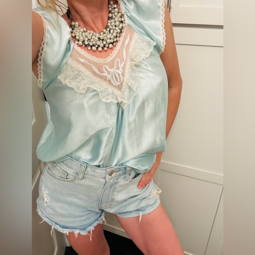 Vtg 70s Lord & Taylor Sky Blue babydoll Slip Dress Nighty